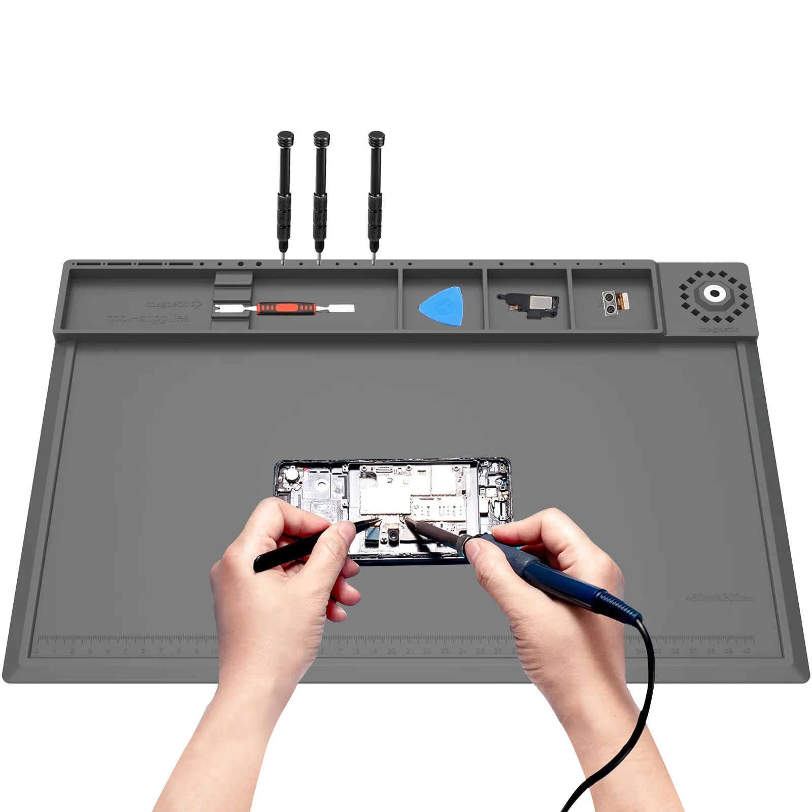 Electronics Repair Workstation - แผ่นซ่อมงานซิลิโคนแผ่นสถานีบัดกรี 932 ° F แผ่นแม่เหล็กทนความร้อนสําหรับซ่อมนาฬิกาแล็ปท็อปโทรศัพท์อิเล็กทรอนิกส์