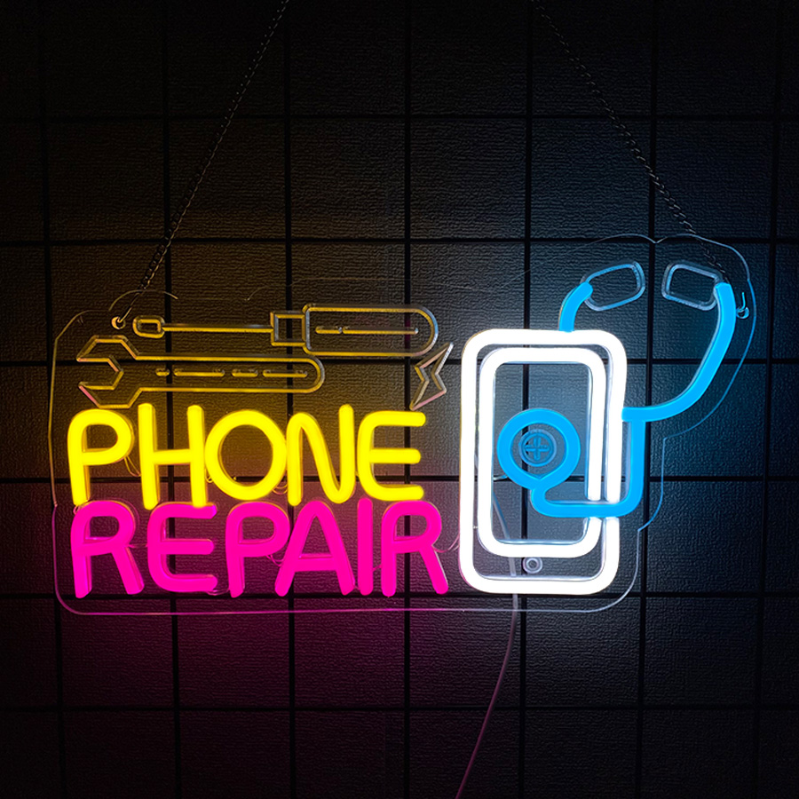 Electronics Repair Store - ป้ายไฟนีออนซ่อมโทรศัพท์สำหรับตกแต่งผนัง, ป้ายไฟนีออน LED สำหรับตกแต่งร้านโทรศัพท์, ห้องแมนเคฟ, ร้านซ่อมอิเล็กทรอนิกส์,